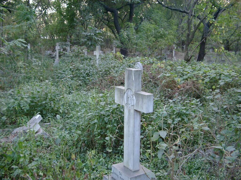 A cemetery at Poona beginning to succumb to encroaching vegetation