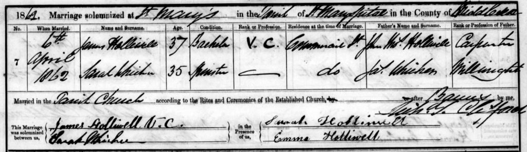 Marriage of James Holliwell, V.C., to Sarah Whicher6 Apr 1862